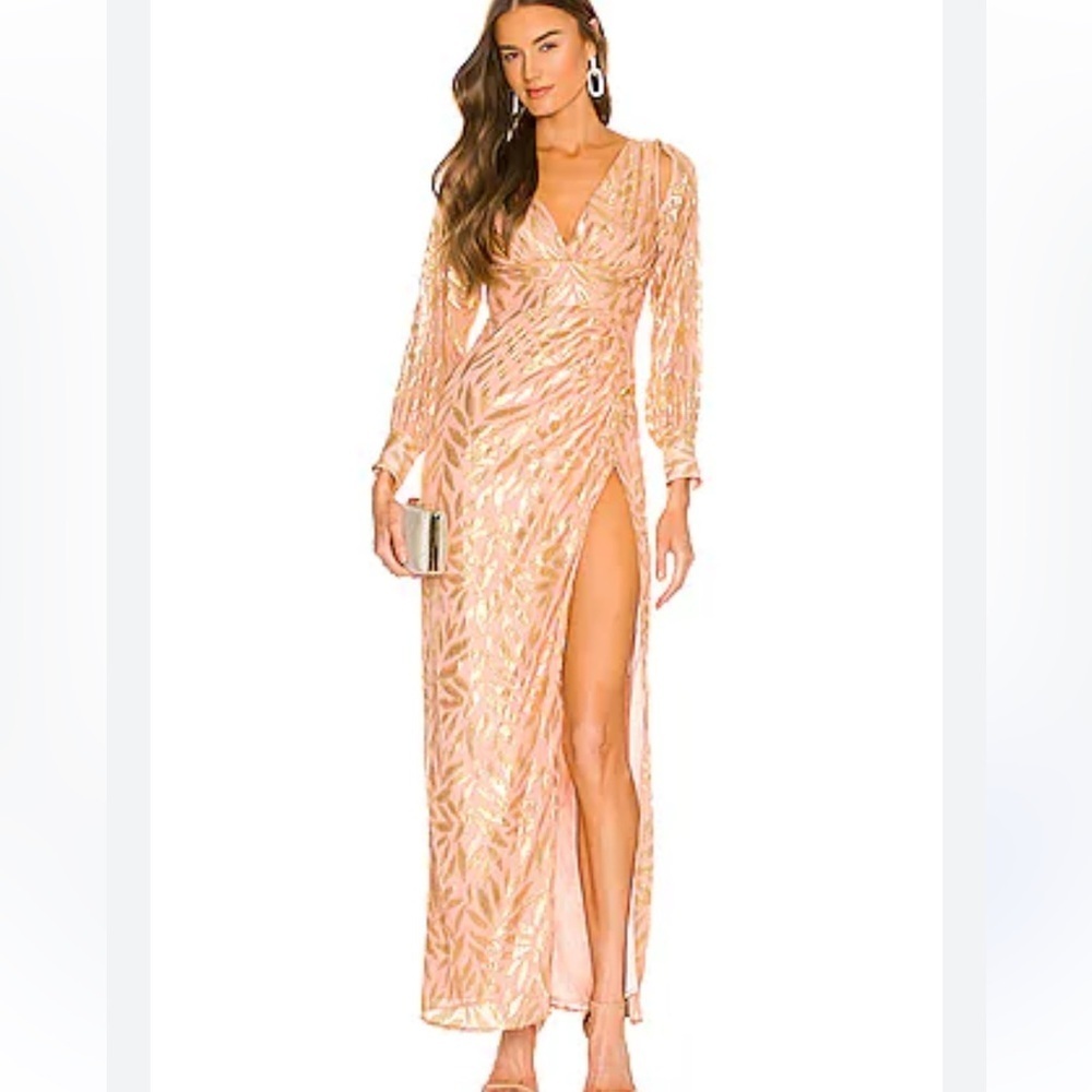 Michael Costello x REVOLVE Prince Gown Pink & Gold metallic print dress XS